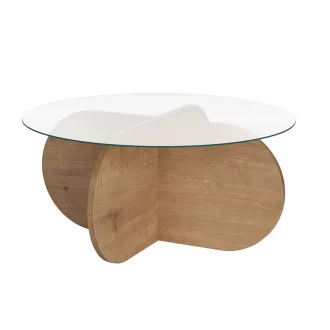   Masă de cafea rotundă cu blat din sticlă securizată 75x35x75cm, Stejar