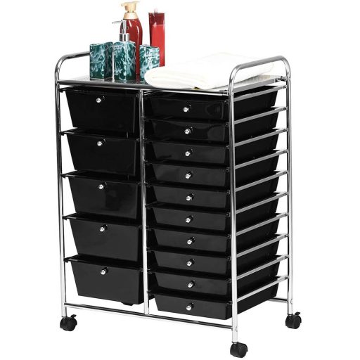 Carucior de depozitare cu roti cu 15 sertare-negru