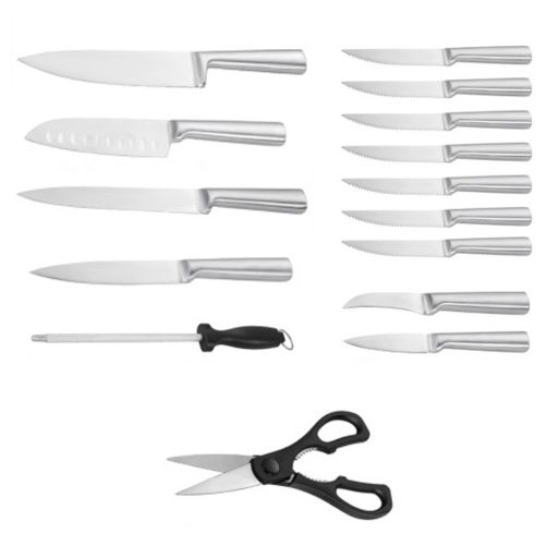Set cutite din otel inoxidabil,16 piese, cu suport din lemn, ascutitoare si foarfece