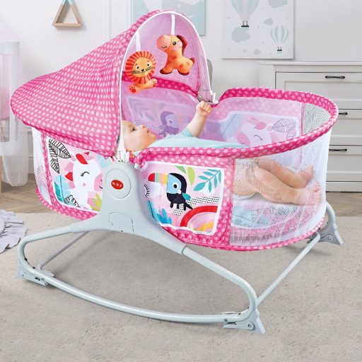 Patut muzical pentru bebe, cu vibratie, roz