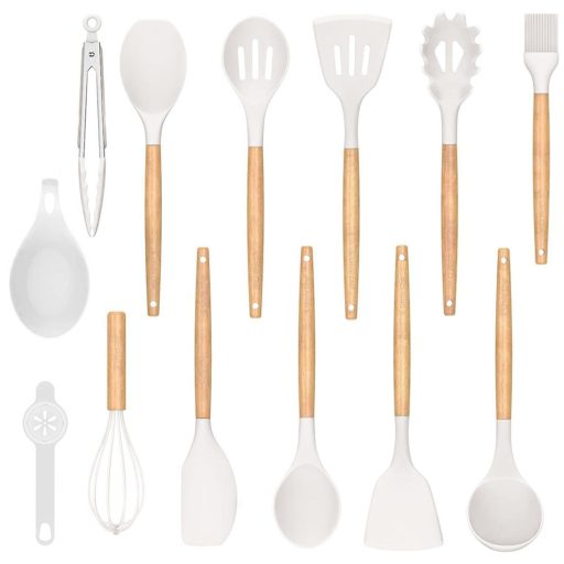 Set ustensile de bucatarie 14 piese, cu cap din silicon termorezistent si suport, alb