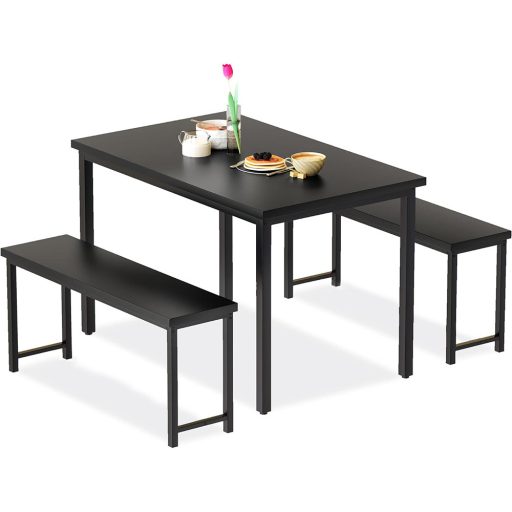 Set de sufragerie din 3 piese cu cadru metalic si 2 banci