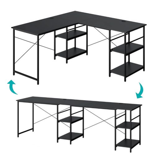 Birou in forma de L, cu rafturi, transformabil, negru