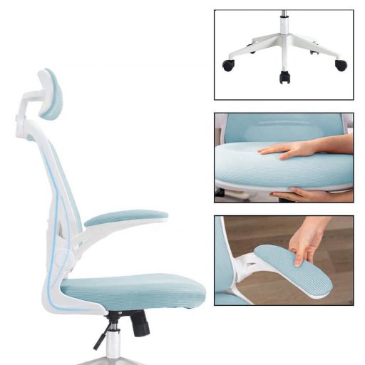 Scaun de birou ergonomic cu suport lombar si tetiera, albastru deschis