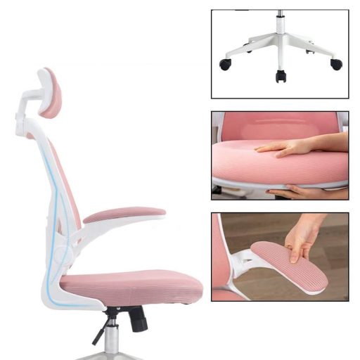 Scaun de birou ergonomic cu suport lombar si tetiera, roz