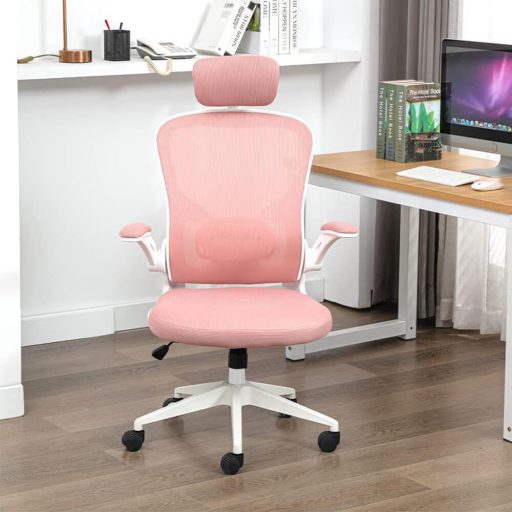 Scaun de birou ergonomic cu suport lombar si tetiera, roz