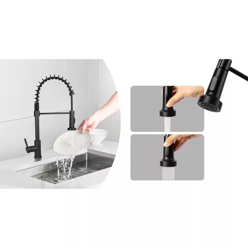 Baterie pentru chiuveta cu teava flexibila si cap de dus detasabil, negru