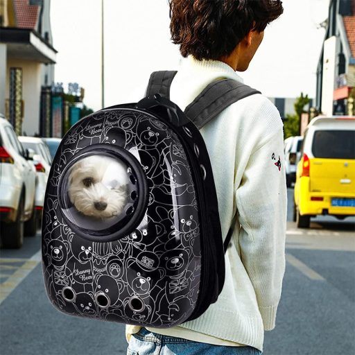 Rucsac pentru transportul animalelor de companie, negru cu model ursuleț