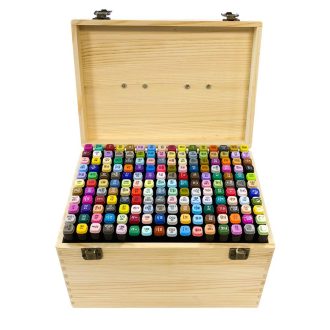   Set de markere pe baza de alcool cu doua capete, in cutie de lemn, 176 bucati