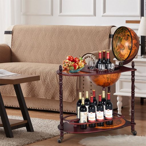 Suport de sticle de vin în formă de glob pământesc, cu roți