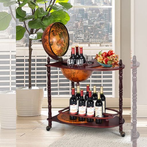 Suport de sticle de vin în formă de glob pământesc, cu roți