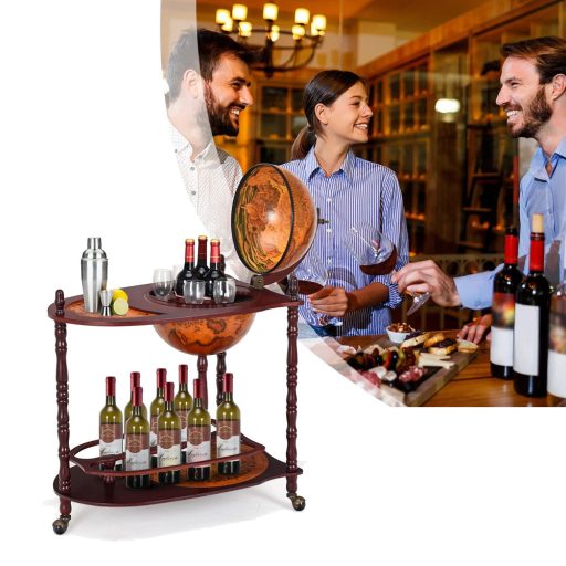 Suport de sticle de vin în formă de glob pământesc, cu roți