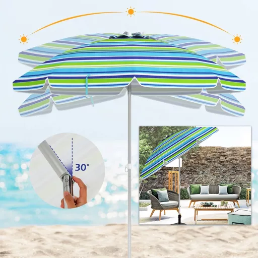Umbrelă de plajă reglabilă 198 cm albastră
