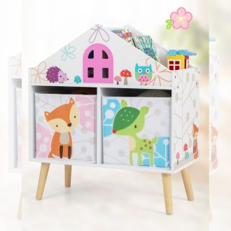   Mobilier pentru copii tip căsuță, cu rafturi și cutii de depozitare