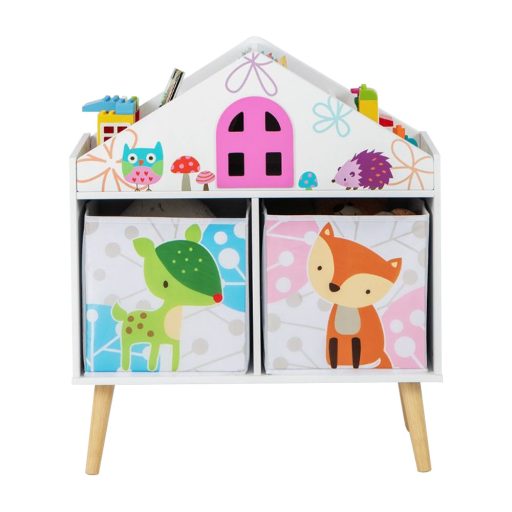 Mobilier pentru copii tip căsuță, cu rafturi și cutii de depozitare