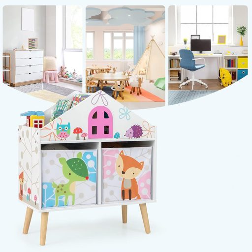 Mobilier pentru copii tip căsuță, cu rafturi și cutii de depozitare