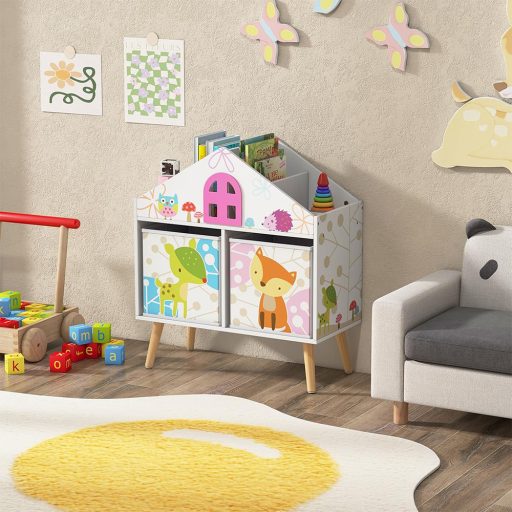 Mobilier pentru copii tip căsuță, cu rafturi și cutii de depozitare